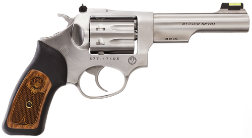 Ruger 5765 SP101  22 LR 8rd 4.20" Satin Stainless Steel Barrel, Cylinder & Frame, Black Rubber w/Wood Insert Grip, Transfer Bar Safety, Exposed Hammer