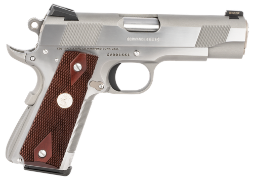 Colt Mfg O4012XSZ Combat Elite Commander 1911 45 ACP 8+1 4.25" Stainless National Match Barrel, Brushed Stainless Serrated Slide & Frame w/Beavertail, Double Diamond Checkered Wood Grip, Ambidextrous