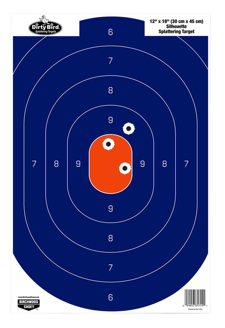 Birchwood Casey 35720 Dirty Bird  Silhouette Tagboard Hanging Pistol 12" x 18" Blue/Orange White Impact Splatter 50 Per Pkg