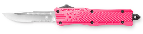 CobraTec Knives SPKCTK1SDS CTK-1  Small 2.75" OTF Drop Point Part Serrated D2 Steel Blade/ Pink Aluminum Handle Features Glass Breaker Includes Pocket Clip