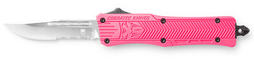 CobraTec Knives SPKCTK1SDS CTK-1  Small 2.75" OTF Drop Point Part Serrated D2 Steel Blade/ Pink Aluminum Handle Features Glass Breaker Includes Pocket Clip