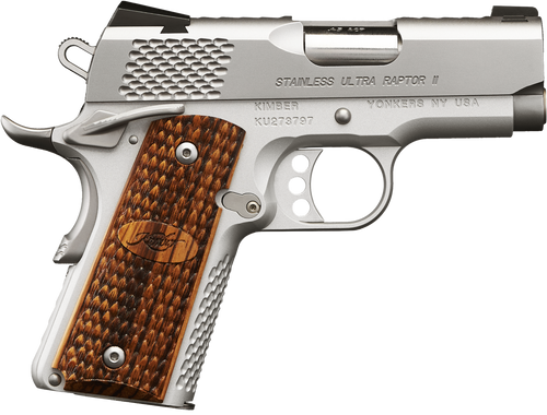 Kimber Mfg, Inc 3200374 Raptor II Ultra 9mm Luger 8+1 3" Stainless Match Grade Barrel, Satin Silver Serrated Stainless Steel Slide, Matte Silver Aluminum Frame w/Beavertail, Zebrawood Grip