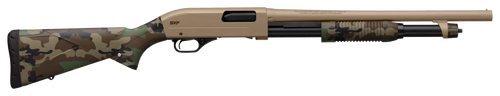 Winchester Repeating Arms  SXP Defender 20 Gauge 3" 5+1 (2.75") 18" Barrel, FDE Drilled & Tapped Rec, Woodland Camo Textured Stock, Tactical  Ribbed Forearm, Inflex Recoil Pad