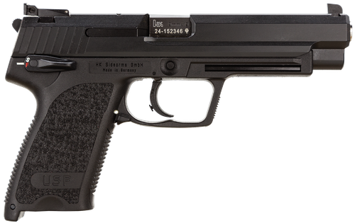 HK 81000362 USP Expert V1 9mm Luger Caliber with 5.20" Barrel, 10+1 Capacity, Overall Black Finish, Serrated Trigger Guard Frame, Serrated Steel Slide & Polymer Grip Includes 2 Mags