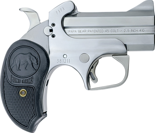 Bond Arms BAPB Papa Bear  45 Colt (LC)/410 Gauge 2rd 3" Stainless Steel Double Barrel & Frame, Auto Extractors & Rebounding Hammer, Blade Front/Fixed Rear Sights, Extended Rubber Grip, Manual Safety