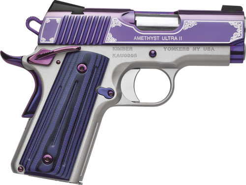 Kimber Mfg, Inc 3200363 Ultra II  45 ACP 7+1 3" Stainless Match Grade Barrel, Engraved Purple Amethyst PVD Serrated Stainless Steel Slide, Satin Silver Aluminum Frame w/Beavertail, G10 Grip