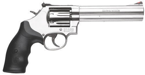 Smith & Wesson 164198 Model 686 Plus 357 Mag or 38 S&W Spl +P  Stainless Steel 6" Barrel & 7rd   Cylinder, Satin Stainless Steel L-Frame, Red Ramp Front/White Outline Rear Sights, Internal Lock
