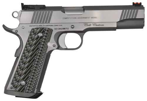 Colt Mfg O1073CS Custom Competition 38 Super 9+1 5" Stainless National Match Barrel, Brushed Stainless Steel Serrated Slide & Frame w/Beavertail, Black G10 Grip, Ambidextrous
