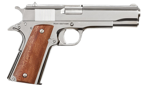 Rock Island 51814 GI Standard FS *CA Compliant 38 Super Caliber with 5" Barrel, 10+1 Capacity, Overall Polished Nickel Finish Steel, Beavertail Frame, Serrated Slide & Wood Grip