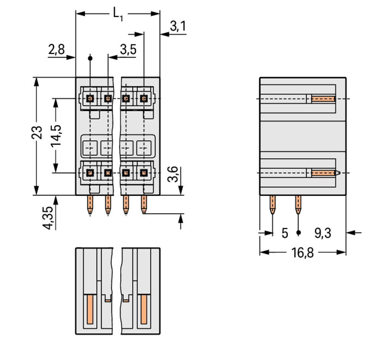 Wago 734-412 THT double-deck male header; 1.0 x 1.0 mm solder pin; angled;  100% protected against mismating; Pin spacing 3.5 mm; 24-pole; light gray