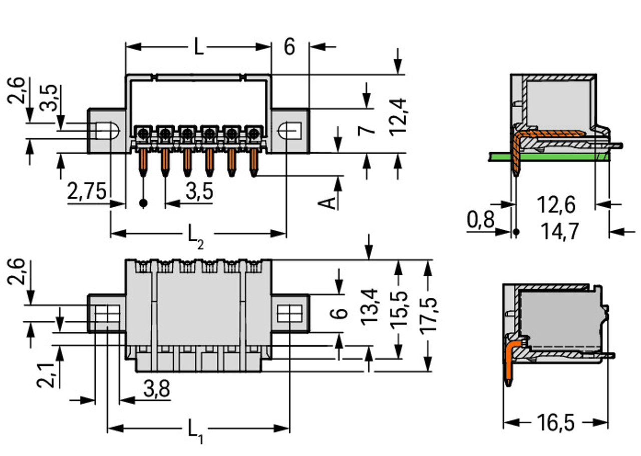 WAGO 2091-1428/205-000 THR male header; 1.0 mm solder pin; angled