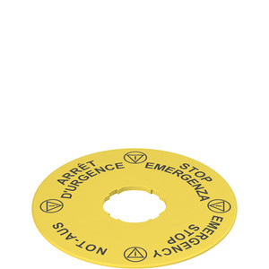 Pizzato VE TF32D5120 Multilingual Emergency Stop Label - 90mm Yellow Disc with Shaped Hole