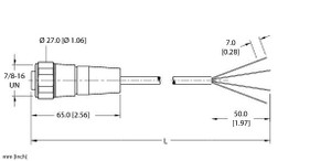 Turck Wd-Rkv 40-3M Single-ended Cordset, Straight Female Connector Turck Wd-Rkv 40-3M Single-ended Cordset, Straight Female Connector