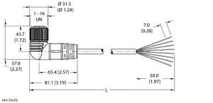 Turck Wkm 86-5M Single-ended Cordset, Right angle Female Connector Turck Wkm 86-5M Single-ended Cordset, Right angle Female Connector