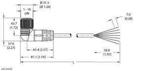 Turck Wkm 76-15M/S90 Single-ended Cordset, Right angle Female Connector Turck Wkm 76-15M/S90 Single-ended Cordset, Right angle Female Connector