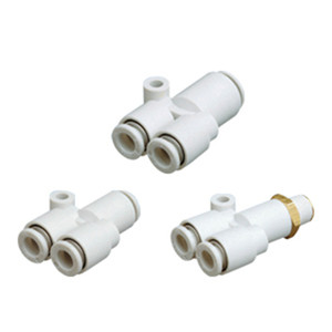 SMC - KQ2U09-34AS - Push-In to Push-In Pneumatic Tubing Fitting - Body Material STANDARD TUBING, WITH THREAD SEALANT, 3 Ports, 5/16 in Compatible Tube Outer Diameter