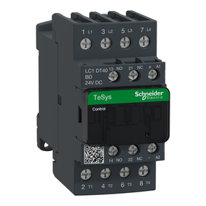Schneider Electric LC1DT40BD IEC contactor, TeSys Deca, nonreversing, 40A resistive, 4 pole, 4 NO, 24VDC coil, open style Schneider Electric LC1DT40BD IEC contactor, TeSys Deca, nonreversing, 40A resistive, 4 pole, 4 NO, 24VDC coil, open style