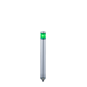 Patlite MP-102C-G 30mm diameter, 1-tier Signal Tower with continuous light; 24V AC/DC, NPN & PNP open collector compatible, 220mm long body, 4-pin male M12 connector, silver body. Green LED module