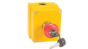 Sprecher + Schuh D7-1YPBK14-PX02 Emergency Stop Pushbutton Station, Yellow Plastic Latch, 40mm Keyed Twist Release, Red/Yellow, 2NC Type 4/4X/13