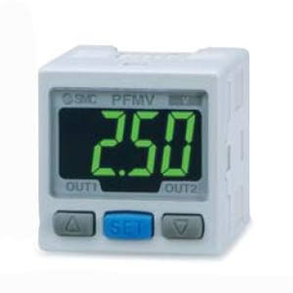 <h2>PFMV3, Digital Flow Monitor, 2-Color Display, IP40, for PFMV5 Sensors</h2><p><h3>PFMV3 is a monitor with display for the PFMV5 remote flow sensors.  The sensor and monitor can be located up to 2m apart using the optional cable.  The 3-digit LED display can be red or green, changing when a set point is reached.  Either instantaneous or accumulated flow can be shown.  An extensive range of function settings influence performance, power saving and security as well as core flow monitoring tasks.  2 NPN or PNP switch outputs are included, with an LED indicator for each, located below the display.  An analog output is also included.  A cable, mounting bracket and panel mount adapter are optional.  PFMV3 is IP40 rated, and C-UL-US, CE and RoHS compliant.</h3>- Flow ranges (lpm): 0-0.5, 0-1.0, 0-3.0, -0.5-0.5, -1.0-1.0, -3.0-3.0 (selectable from PFMV5)<br>- Analog input, sensor (DC): 1-5V<br>- Analog output, monitor (DC): 1-5V or 4-20mA<br>- Switch output modes: Hysteresis, window comparator, accumulation set point, accumulation pulse<br>- Display accuracy:  0.5% F.S.<br>- Analog output accuracy:  1% F.S.<br>- <p><a href="https://content2.smcetech.com/pdf/PFMV.pdf" target="_blank">Series Catalog</a>
