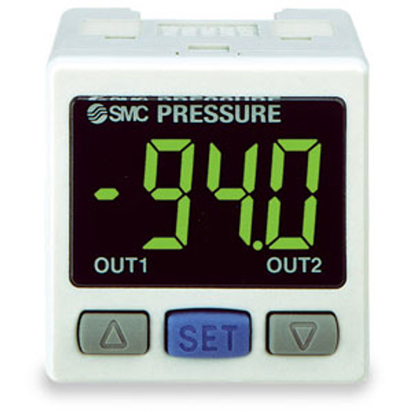 <h2>PSE300, Pressure Sensor Monitor, 1 Screen, Switch and Analog Outputs</h2><p><h3>PSE300 is a pressure sensor monitor with a 3 + 1/2 digit, 2 color display.  This monitor pairs with any PSE sensor, adding functionality similar to an ISE sensor with integrated display.  Instantaneous readings are shown in red or green, or shifted from one to the other to alert reaching a target condition. Two available switch outputs are also indicated with LEDs.  Other functions permit calibration, peak/bottom readings, error indications, key lock, and anti-chatter.  PSE300 models are UL/CSA, CE and RoHS compliant, with an IP40 enclosure rating.<br>-  </h3>- Permits viewing of PSE remote pressure sensor values in operator area<br>- Interprets voltage or current signal inputs<br>- 7 pressure units: MPa, kPa, kgf/cm2, bar, psi, inHg, mmHg<br>- 2 switch outputs (NPN or PNP) plus 1 analog output (V or mA)<br>- 2 snap-fit socket connections for power and sensor cables<br>- DIN rail/Terminal block, bracket or panel mounting options<br>- <p><a href="https://content2.smcetech.com/pdf/PSE.pdf" target="_blank">Series Catalog</a>