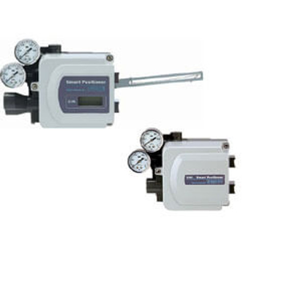 <h2>52-IP8*01, Smart Positioner, Intrinsically Safe/Explosion Proof</h2><p><h3>Smart positioners are designed to be paired with process control valves. Additionally, the 52-versions comply with ATEX directive category 1 as intrinsically safe and explosion proof. Two temperature classes are available, including T4/T5, or T6. The IP8001 lever type is for stem type valves, typically with diaphragm actuators. The IP8101 rotary type is for rotary valves with oscillating actuators. Each positioner serves as the source of pneumatic actuating pressure and as a feedback device for the actuator position and valve shut off. Buttons and an LCD display are used for calibration and to change parameter settings. Operation can be set for positive or reverse direction relative to current input signal. Different levers are available, depending on valve stroke (8001) or mounting variations (8101). Smart positioners are suitable for application in industries such as pulp and paper, food and beverage, waste water treatment.</h3>- IP65 dustproof and waterproof rating<br>- Analog gauges for supply and output pressures<br>- Easy zero point and span adjustment<br>- 2 alarm outputs (option)<br>- 4 to 20 mA DC output (option)<br>- HART transmission function (option)<br>- 1/4 port size with Rc, NPT, or G threads<br>- <p><a href="https://content2.smcetech.com/pdf/IP.pdf" target="_blank">Series Catalog</a>