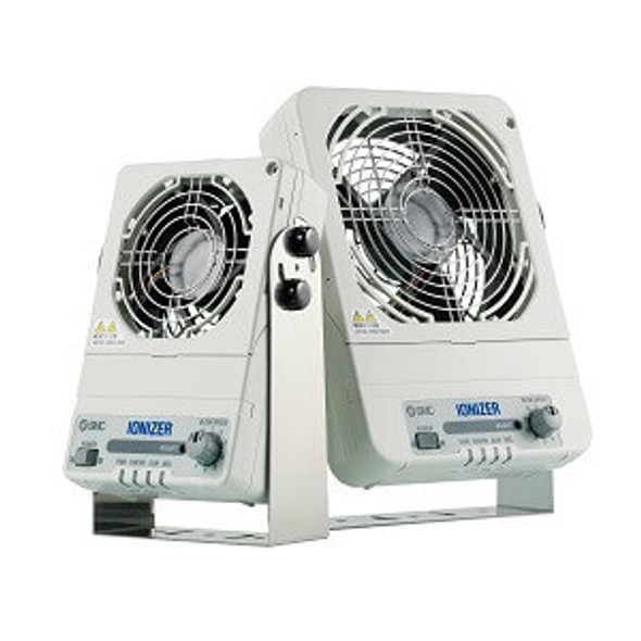 <h2>IZF21/31, Fan Type Ionizer</h2><p><h3>The IZF21/31 fans offer market-leading performance, functionality, size and accessories. Treat an area up to 2  x 8 , neutralizing static as rapidly as 0.5s while achieving a  5V balance. 8 emitters provide high ion output, and reverse polarity each time power is supplied, increasing durability. Controls include a power switch, 10-speed fan adjuster, and ion balance adjuster. 4 red/green LEDs communicate 10 normal and alarm conditions. Accessories include a filter, and automatic emitter cleaner, an adjustable louver, and a replaceable emitter cartridge.</h3>- Slim 40mm body thickness <br>- Continuous monitoring of emitter contamination <br>- Built-in sensor monitors offset voltage<br>- 7 alarms can be reported by four 2-color LEDs (red, green) <br>- LEDs visible from two directions -- front and bottom<br>- 2 inputs: ionizer stop and cleaner start (accessory required)<br>- 2 outputs: error signal and emitter maintenance required<br>- Can be powered by a 24VDC cable with I/O, or 120VAC adapter<br>- <p><a href="https://content2.smcetech.com/pdf/IZF.pdf" target="_blank">Series Catalog</a>