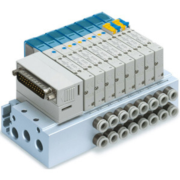 <h2>SS5Y5-50/51, 5000 Series Manifold, D-sub Connector, Flat Ribbon Cable, PC Wiring System (IP40)</h2><p><h3>SMC has improved product performance and reliability with the redesigned SY series valve.  The SY3000 and SY5000 have the same valve width as their predecessors, but the flow has been increased by up to 80%, allowing the valve size to be reduced. A built-in strainer in the pilot valve prevents trouble caused by foreign matter. By using H-NBR seal material for the main valve and seals, Ozone resistance has been improved.   Side, top and bottom port/pipe directions are available to allow flexible installation.  The SY is available in body ported or base mounted styles, and can be used individually or manifold mounted.<br>- *** We are currently experiencing long lead times for some SY products.  Please consult with SMC Representative for alternatives ***</h3>- Plug-in metal base (IP40)<br>- Side or bottom ported<br>- Side ported available with external pilot<br>- Connector types: D-sub, flat ribbon cable (26, 20 or 10 pins), PC wiring<br>- Available with one-touch fittings<p><a href="https://content2.smcetech.com/pdf/SY.New.pdf" target="_blank">Series Catalog</a>
