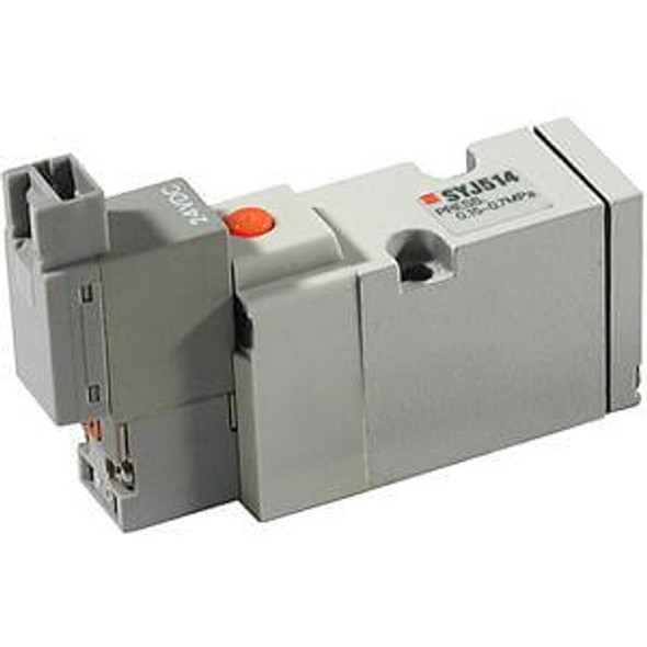 <h2>SYJ500, 3 Port Solenoid Valve, All Types</h2><p><h3>The SYJ Valve is an innovative combination of space efficiency and performance superiority which provides real value to the design solution. Whether designed in a manifold or used as a single valve, this small profile increases design flexibility and minimizes space requirements. The SYJ valve utilizes a low power (0.5 watts standard) pilot solenoid design, which dramatically reduces thermal heat generation. This improves performance, decreases operating costs, and allows for direct control by PLC output relays. All electrical connections for SYJ Valves are available with lights and surge suppression. SYJ series valves can be configured on base mounted manifolds, or individually on sub-plates, creating a variety of solutions to meet your broadest engineering needs. </h3>- Fluid: air<br>- Operating pressure range (MPa): 0.15 to 0.7<br>- Ambient and fluid temperature ( C): -10 to 50 (no freezing)<br>- Maximum operating frequency (Hz): 5<p><a href="https://content2.smcetech.com/pdf/SYJ_3PT.pdf" target="_blank">Series Catalog</a>