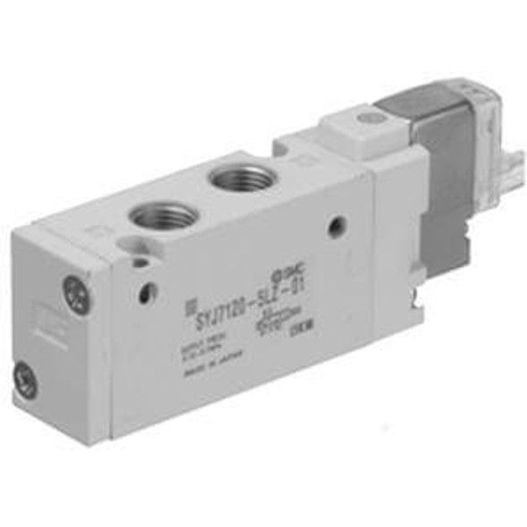 <h2>SYJ7000, 5 Port Solenoid Valve, Base Mounted &amp; Body Ported</h2><p><h3>The SYJ Valve is an innovative combination of space efficiency and performance superiority which provides real value to the design solution. Whether designed in a manifold or used as a single valve, this small profile increases design flexibility and minimizes space requirements. The SYJ valve utilizes a low power (0.5 watts standard) pilot solenoid design, which dramatically reduces thermal heat generation. This improves performance, decreases operating costs, and allows for direct control by PLC output relays. All electrical connections for SYJ Valves are available with lights and surge suppression. SYJ series valves can be configured on base mounted manifolds, or individually on sub-plates, creating a variety of solutions to meet your broadest engineering needs. </h3>- Fluid: air<br>- Operating pressure range: 0.1 - 0.7MPa<br>- Cv factor: body ported range 0.48 - 0.6;base mounted 0.7<br>- Coil rated voltage: 3, 5, 6, 12, 24VDC;100, 110, 200, 220VAC<br>- Ambient   fluid temp: max. 50  C<br>- <p><a href="https://content2.smcetech.com/pdf/SYJ_5PT.pdf" target="_blank">Series Catalog</a>