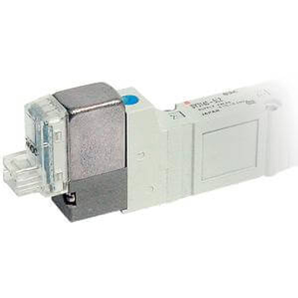 <h2>SY3000, 5 Port Solenoid Valve, All Types</h2><p><h3>Series SY offers major advances in valve performance for cost-effective solutions to your requirements. The series offers high flow with low power consumption in a compact design. The SY is available in body ported or base mounted styles and can be used individually or manifold mounted.<br>- </h3>- Fluid: air<br>- Operating pressure range: (internal pilot) 0.1 - 0.7MPa(external pilot) -100kPa to 0.7MPa(external pilot, pilot pressure range) 0.25 - 0.7MPa<br>- Effective area mm 2 (Cv): body ported 4.14 (0.23);base mounted 5.4 (0.3)<br>- Coil rated voltage: 3, 5, 6, 12, 24VDC;100, 110, 200, 220VAC<br>- Response time (0.5MPa) w/o indicator light  surge voltage suppressor: 15ms or less<br>- Ambient   fluid temperature: 50 C <p><a href="https://content2.smcetech.com/pdf/SY3.5.7.9000.pdf" target="_blank">Series Catalog</a>