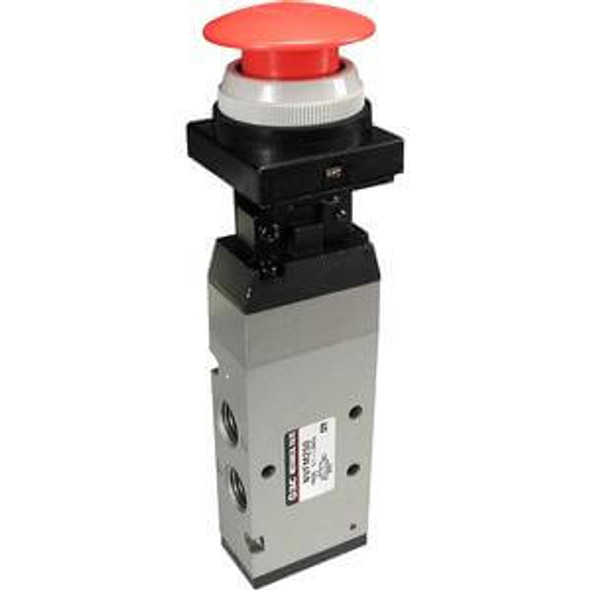 <h2>VFM200, 5 Port Mechanical Valve, Metal Seal, Metric</h2><p><h3>Series VFM is a 5 port, compact, mechanical valve available in a rubber (VFM300) or metal (VFM200) seal style. This series has a large flow capacity (Cv 1.0) and a high cycle rate. The VFM offers an internal or external pilot body option and a variety of actuator choices.<br>- </h3>- Fluid: air, inert gas<br>- Operating pressure range: 0.1 to 1.0MPa<br>- Effective area (Cv): 18mm 2 (1.0)<br>- Maximum frequency (mechanical operation style):300 c.p.m. or less<br>- Weight: 300g<br>- <p><a href="https://content2.smcetech.com/pdf/VM_New.pdf" target="_blank">Series Catalog</a>
