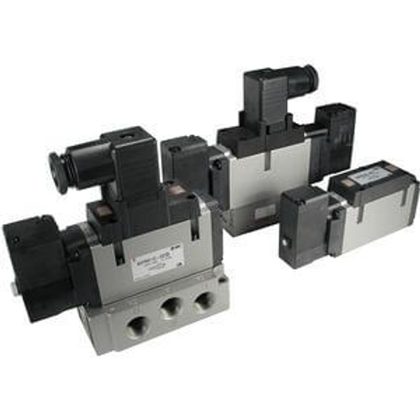 <h2>VFR3000, Plug-in &amp; Non Plug-in Types, Metric</h2><p><h3>Series VFR consists of 5 port pilot solenoid valves with rubber seals and base mounted type manifolds, available in plug-in and non plug-in styles. Port sizes range from 1/8 to 1/2 with Rc(PT), NPTF   G(PF) thread types available. Various options also available.<br>- </h3>- VFR3000, plug-in   non plug-in types<br>- Maximum operating pressure: up to 0.9MPa<br>- Ambient   fluid temperature: Max. 50 C<br>- Manual override: non locking push style<br>- <p><a href="https://content2.smcetech.com/pdf/VFR.pdf" target="_blank">Series Catalog</a>