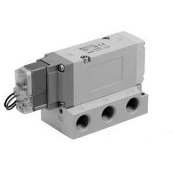 <h2>VF5000, 5 Port Solenoid Valve w/Rectifier</h2><p><h3>Series VF, a five port pilot solenoid valve, offers large flow capacity in a compact size. The VF is available in many variations including three types of manual override and four types of electrical entry. Common exhaust for main valve and pilot valve is also available.<br>- </h3>- 5 port solenoid valve<br>- Power consumption: 1.55W standard, 0.5W w/power saving circuit<br>- Built-in full-wave rectifier (AC)<br>- Body ported   base mounted styles<p><a href="https://content2.smcetech.com/pdf/VF_New.pdf" target="_blank">Series Catalog</a>