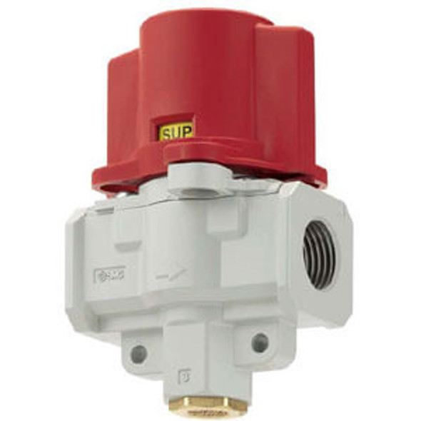 <h2>VHS2510/3510/4510/5510, Pressure Relief Valve, 3-Port, w/Locking Holes (Double Action)</h2><p><h3>The VHS series provides a convenient means of isolating supplied pressure in a pneumatic system and exhausting downstream pressure for maintenance purposes.  The units can be locked in the exhaust position and can be an integral part of an energy isolation system.  Air flow direction is easily identified by handle orientation and labelling.  They can be used alone or can be conveniently connected to an FRL assembly using modular spacers.</h3>- 3 port pressure relief valve<br>- Accessory for AC series<br>- Lockable for energy isolation<br>- Double action operation, push down and turn<br>- Resin or metal handle construction<br>- Port sizes: 1/8, 1/4, 3/8, 1/2, 3/4, 1 <br>- Thread Types: Rc, NPT, G<p><a href="https://content2.smcetech.com/pdf/VHS_new.pdf" target="_blank">Series Catalog</a>