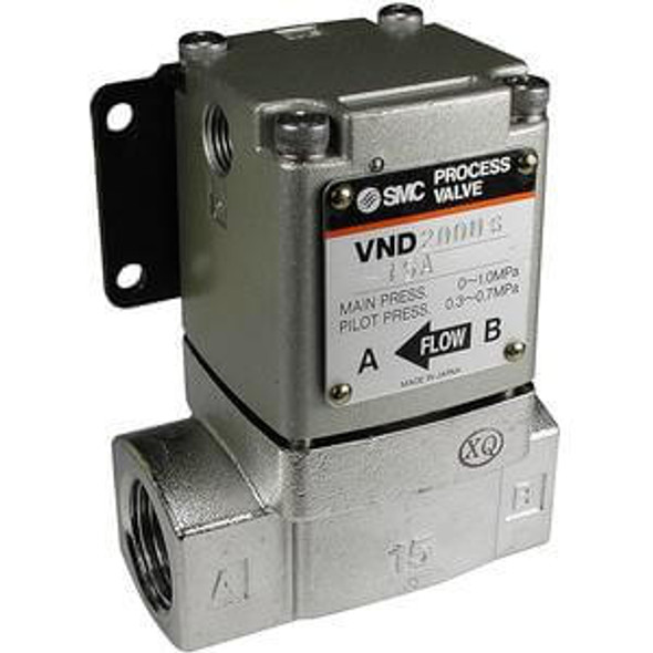 <h2>VND, 2 Port Valve for Steam</h2><p><h3>The VND series is a 2 port valve for steam control up to 180 C. It is available with copper alloy or stainless steel body and also as normally open or normally closed valve.</h3>- Process valve series VND<br>- Air operated type<br>- Orifice size: 7 to 50mm<br>- Port size: 1/8 to 2 inch<br>- Operating pressure range: 0 to 0.97 MPa<br>- <p><a href="https://content2.smcetech.com/pdf/VND.pdf" target="_blank">Series Catalog</a>