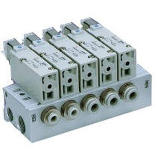 <h2>VV3QZ*5, 200/300 Series Manifold, Base Mounted</h2><p><h3>Series VQZ base mount solenoid valves combine convenience with durability and performance in a more traditional mounting style. Series VQZ Body Ported Solenoid Valves combine flexibility with high performance and long life in an inline body style.<br>- </h3>- Bar stock type valve manifold for VQZ200/300 series valves<br>- Optional DIN rail mount<br>- Side porting<br>- Maximum 20 stations available as standard<br>- 12 port sizes available<br>- <p><a href="https://content2.smcetech.com/pdf/VQZ_3Pt.pdf" target="_blank">Series Catalog</a>