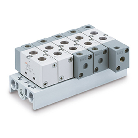 <h2>VV5F3, Manifold, B Mount (Integrated)</h2><p><h3>Series VF, a five port pilot solenoid valve, offers large flow capacity in a compact size. The VF is available in many variations including three types of manual override and four types of electrical entry. Common exhaust for main valve and pilot valve is also available.<br>- </h3>- VF3000 series manifold<br>- Metric threads [Rc(PT)]<br>- Manifold type: B mount (single base type)<br>- Maximum stations: 20<br>- Port sizes: 1/8, 1/4<br>- Common EXH, Individual EXH<br>- <p><a href="https://content2.smcetech.com/pdf/VF_New.pdf" target="_blank">Series Catalog</a>
