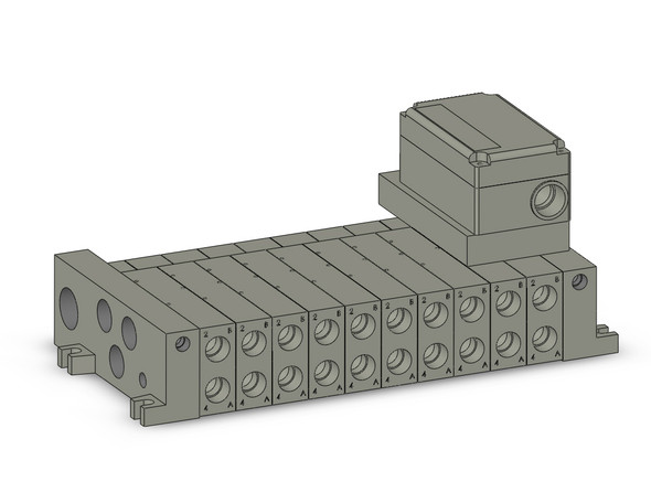 <h2>VV5Q41-S, 4000 Series, Base Mounted Manifold, Plug-in, Serial Transmission Unit</h2><p><h3>VQ valves are ideal for applications requiring high speed, frequent operation, stable response time and long service life. Innovative mounting methods allow valves to be changed without entirely disassembling the manifold. Built-in one-touch fittings save piping time and labor.<br>- </h3>- Base mounted plug-in manifold for VQ4*0* valve<br>- Serial interface (SI) unit connection<br>- Many PLC types<br>- Maximum 18 stations available as standard<br>- 12 port sizes available<br>- Optional IP65 enclosure<br>- <p><a href="https://content2.smcetech.com/pdf/VQ4000.pdf" target="_blank">Series Catalog</a>