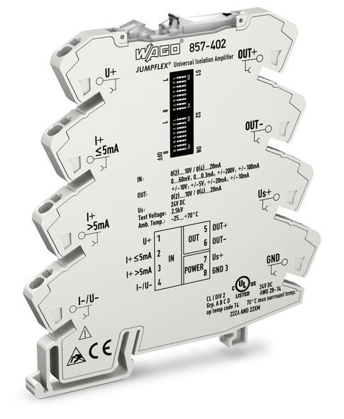 Wago 857-402 Isolation amplifier; Current and voltage input signal; Bipolar current and voltage output signal; Zero/span adjustment; Supply voltage: 24 VDC; 6 mm module width; 2,50 mm