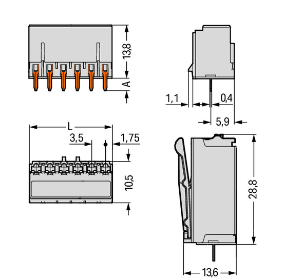 Wago 2091-1304 Female header, straight solder pins Pack of 200