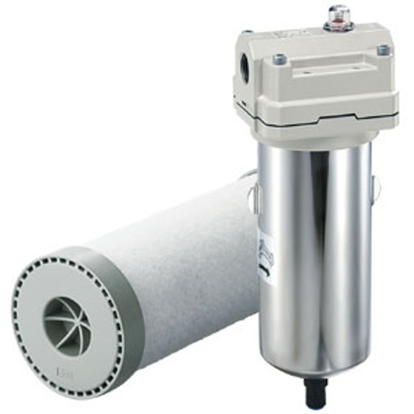 <h2>AFF70~90D, Main Line Filter</h2><p><h3>The AFF70~90 improves upon the performance of the legacy AFF with a 1  m particulate rating and water removal capabilities.  Installation space is reduced by integrating the traditional AFF filtering function with the water removal capabilities of the AMG.  Additionally, flow capacities are improved for greater applicability.  A lightweight stainless steel bowl assembly improves handling and simplifies service.</h3>- Particulate filtration, water droplet removal<br>- Element life indicator is standard<br>- Available port sizes: 1 , 1 1/2 , 2  (PT, NPT or G)<br>- Nominal filtration rating: 1  -<br>- <p><a href="https://content2.smcetech.com/pdf/AFF_17A.pdf" target="_blank">Series Catalog</a>
