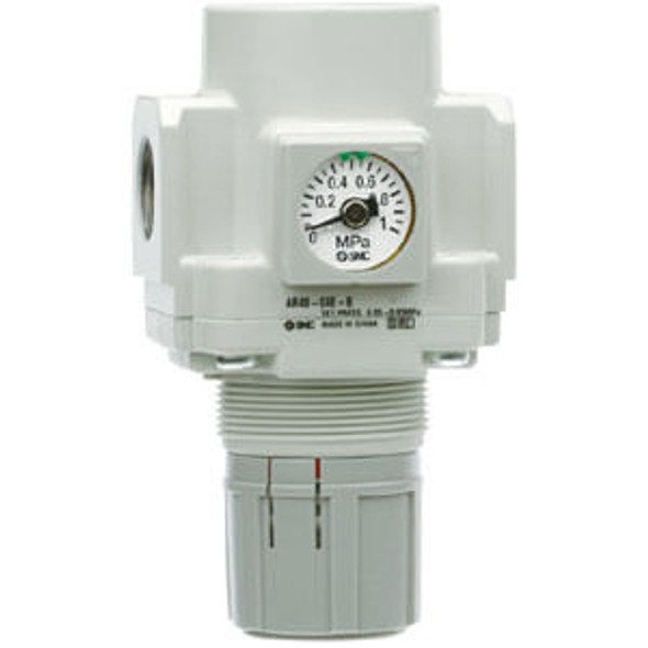 <h2>AR20(*)-B to AR60(*)-B, Regulator &amp; Regulator w/Backflow Function</h2><p><h3>Air Regulator Series AR-B have been updated to the new urban white base color for a clean modern look. The AR-B series has a maximum set pressure of 125 psi and offers embedded gauge and pressure switch options not found in the AR-A while maintaining panel mounting interchangeability with the previous AR models. The locking adjustment knob prevents accidental setting changes. Options include a mounting bracket and set nuts for panel mounting. The modular design of the AR-B series connects with other SMC air preparation equipment of similar size. The new AR-B is available in six body sizes with piping from 1/8  to 1  in Rc, NPT and G thread.</h3>- Modular type regulator.<br>- Available with built-in backflow mechanism.<br>- Optional embedded pressure gauge.<br>- Rc, NPT or G(PF) threads.<br>- Diaphragm is made of ozone resistant rubber material (HNBR).<br>- <p><a href="https://content2.smcetech.com/pdf/AR_B.pdf" target="_blank">Series Catalog</a>