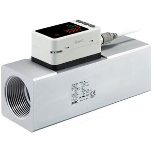 <h2>PF3A, Digital Air Flow Sensor, 2-Screen 3-Color Display, IP65, 30-12000 Lpm</h2><p><h3>Series PF3A digital flow switch provides continuous quantitative values as well as switched digital outputs when set flow levels are measured. The PF3A is suitable for applications requiring a metered quantity of air, such as for supply confirmation, filling accumulation, or fixed supply consumption. The oversized PF3A display has 2 screens, with main screen flow values in red or green, while the sub screen settings are shown in orange. The display can be rotated in 90 degree increments, thereby offering better visibility during operation. The thermal sensor is protected in a bypass flow path to reduce contact with moisture and contaminants, avoiding accuracy deterioration and damage.  The PF3A has an IP65 ingress protection rating and is both RoHS and CE compliant.</h3>- Applicable fluids: Air, Nitrogen<br>- Flow ranges: 30-3000, 60-6000, and 120-12000 liters/min<br>- Rated Pressure: 0.1 to 1.5 MPa<br>- Accuracy: +/-3.0% F. S.<br>- Accumulated flow to 999,999,999,990 L<br>- <p><a href="https://content2.smcetech.com/pdf/PF3A.pdf" target="_blank">Series Catalog</a>