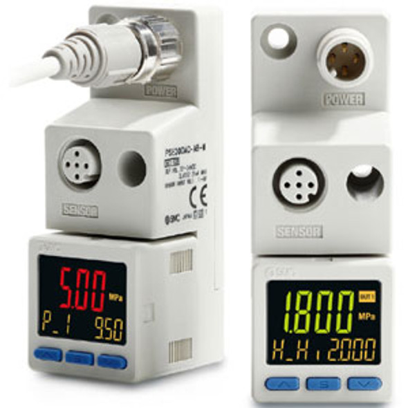 <h2>PSE300AC, Pressure Sensor Monitor, 3 Screen, 2 Outputs, IP65</h2><p><h3>PSE300AC is a remote sensor monitor with an informative, easy to read 3 screen 3 color display.  While primarily suited for the PSE570 pressure sensor series, its range input function scales the analog output of any sensor with M12 connector.  View the sensor s measured value on the main screen, while also viewing a variety of secondary data on the sub-screens.  Upgraded features include front facing M12 power and sensor connections, low energy consumption, and selectable NPN/PNP outputs.  PSE300AC is CE and RoHS compliant, with an IP65 enclosure rating.</h3>- Remote analog sensor monitor with advanced display, NPN/PNP selection and IP65<br>- Voltage or current signal input options<br>- 10 pressure units: Pa, kPa, MPa, kgf/cm2, mbar, bar, psi, inHg, mmHg, mmH20<br>- Display accuracy:  2% of F.S.<br>- Display repeatability:  1%of F.S.<br>- Direct Mounting<br>- <p><a href="https://content2.smcetech.com/pdf/PSE.pdf" target="_blank">Series Catalog</a>