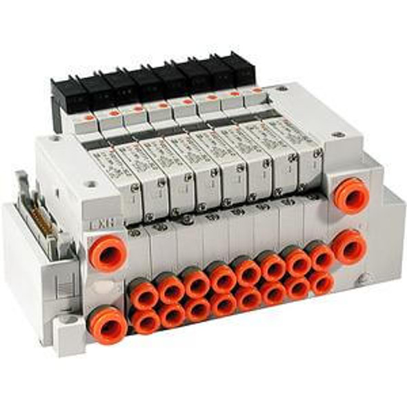 <h2>VV5Q11-P, 1000 Series, Base Mounted Manifold, Plug-in Type, Flat Cable Connector</h2><p><h3>VQ valves are ideal for applications requiring high speed, frequent operation, stable response time and long service life. Innovative mounting methods allow valves to be changed without entirely disassembling the manifold. Built-in one-touch fittings save piping time and labor.<br>- </h3>- Flat ribbon connector type<br>- 26 pin standard - 10, 16 and 20 available<br>- Top or side receptacle position<br>- Maximum 24 stations available as standard<br>- 16 port sizes available<br>- Optional DIN rail mount<br>- <p><a href="https://content2.smcetech.com/pdf/VQ.pdf" target="_blank">Series Catalog</a>