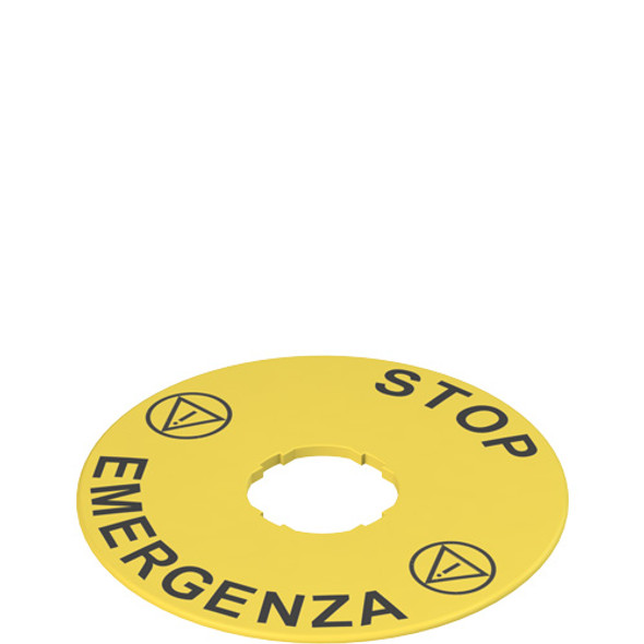 Pizzato VE TF32D5101 Pack of 5 Label with shaped hole, Ø 90 mm, yellow disc, writing "STOP EMERGENZA"