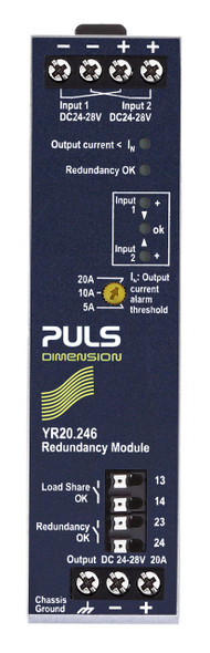 PULS YR20.246 Redundancy Module, 24-28VDC, 20A, Dual Input with Load Sharing