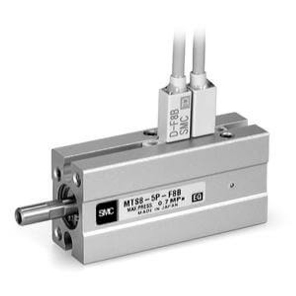 <h2>MTS8, Precision Cylinder (Bore 8)</h2><p><h3>The MTS cylinder provides superior non-rotating accuracy and linear stability in a compact package. Traditional non-rotating cylinders typically can only hold position to within 0.5  and have inherent sealing problems. Integrating a ball spline as the rod bearing, this cylinder approximates the non-rotational accuracy of a guided cylinder without the added space requirements of external guide rods. In addition, a special rod seal design limits leakage to the equivalent of a round piston rod seal. An optional end lock retains the rod in the retracted position even in the event of loss of air pressure for added safety. Mounting can be done from four precisely machined faces with parallelism of less than 0.1mm.<br>- </h3>- High precision mounting cylinder (8mm)<br>- Ball spline guide<br>- Strokes range from 5-30mm<br>- Lateral and axial piping directions<br>- Auto switch capable<br>- <p><a href="https://content2.smcetech.com/pdf/MTS.pdf" target="_blank">Series Catalog</a>