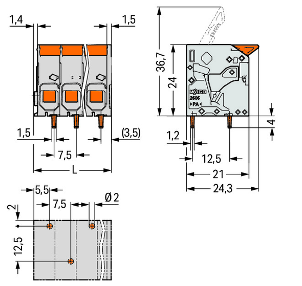 Wago 2606-1111/020-000 PCB terminal blocklever 6 mm Pin spacing 7.5 mm 11-pole, gray Pack of 25